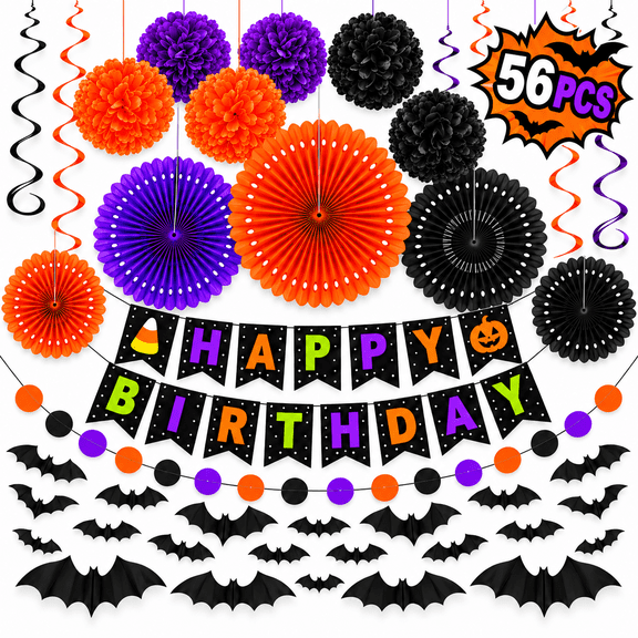 Halloween Birthday Decorations, Happy Birthday Banner with Paper Fans, Pom Poms, Hanging Swirls, Dot Garland and Bat Cutouts, Orange Purple Black Halloween Party Supplies 56PCS
