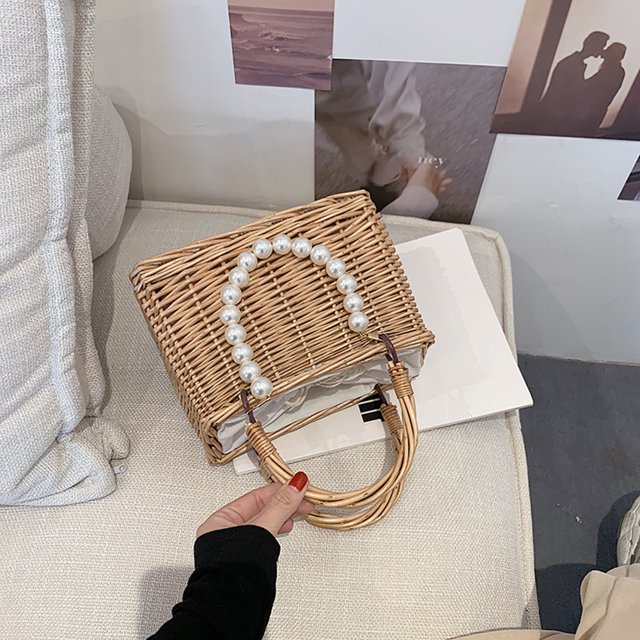 Bolsa de mano tejido de ratán Vintage Para mujer Ehuebsd Mini cesta con perlas C 23*16*12 cm