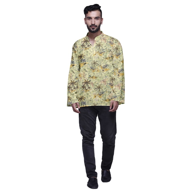 Atasi Button Placket Cotton Mens Kurta Shirt Printed Short Casual Kurta Shirt