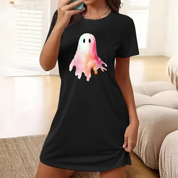 Sakmal Cloud-Like Sleep Dress for Women Black Plus Size Cute Halloween Sleepshirt Short Sleeve Crew Neck Ghost Print Short Nightgowns S-2XL