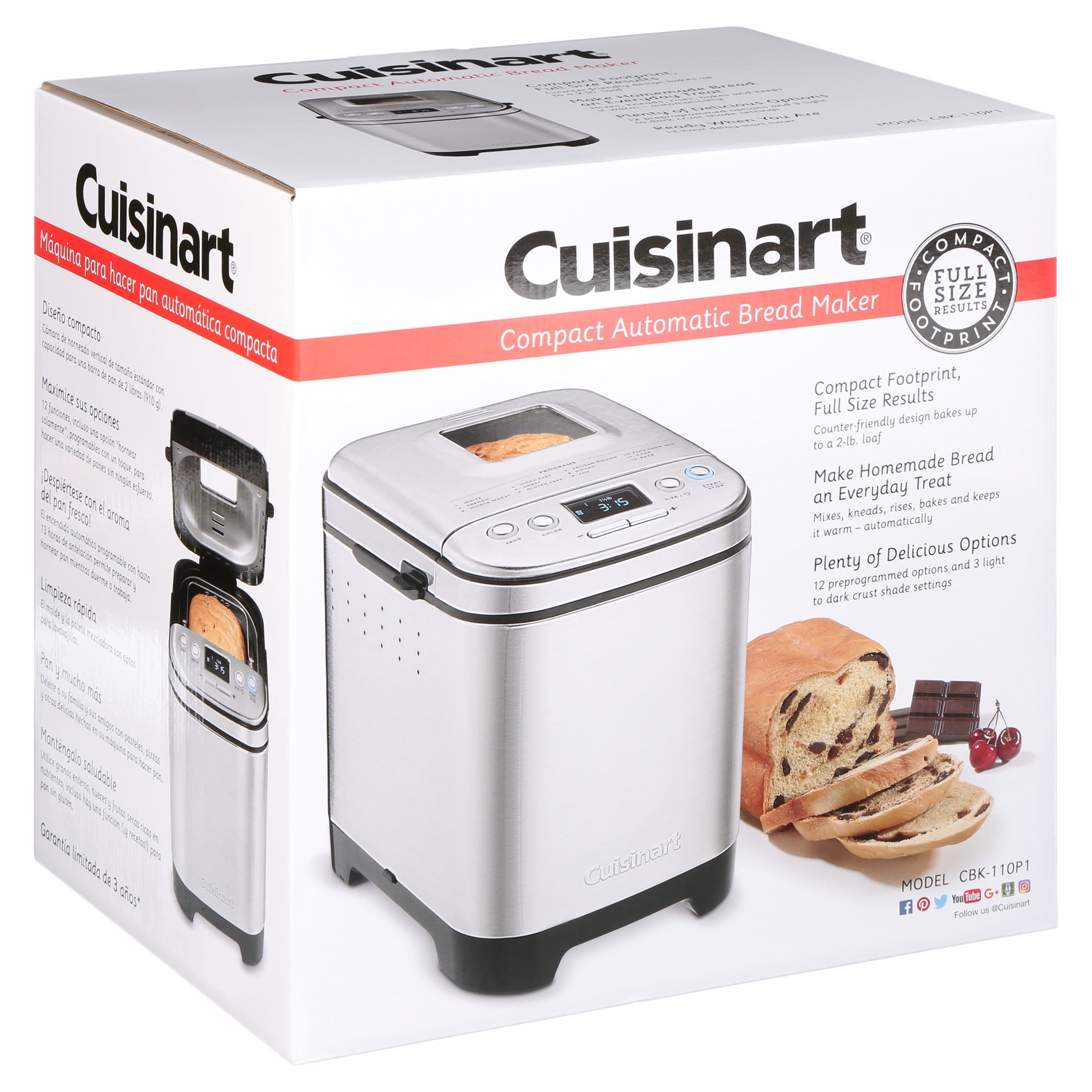 Cuisinart Bread Maker Machine, Compact and Automatic,  Customizable Settings, Up to 2lb Loaves, CBK-110P1, Silver,Black: Home &  Kitchen