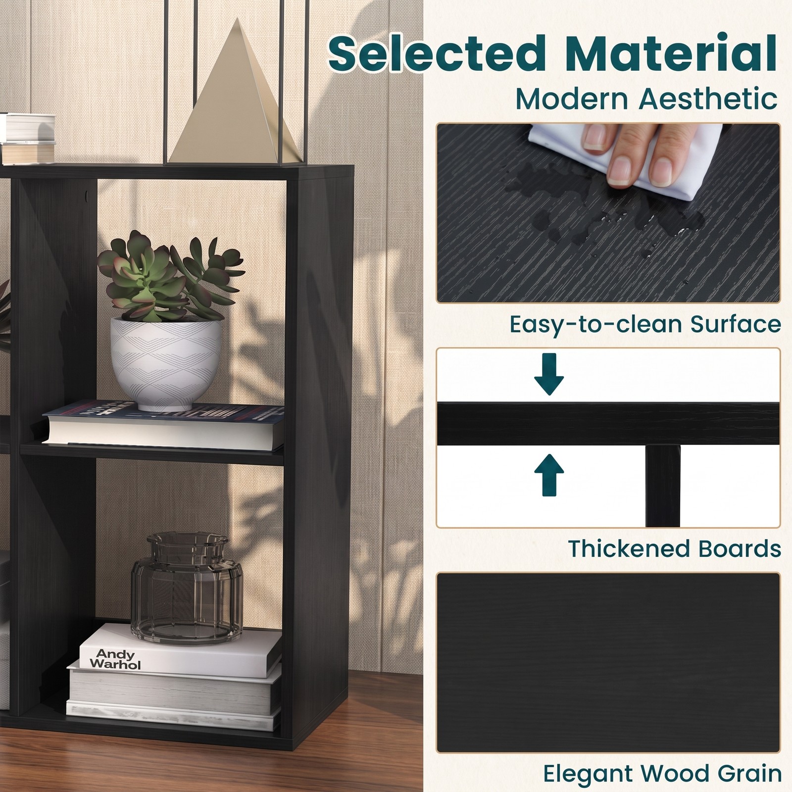 Furnibear 6 Cube Bookshelf, Black Wood Cube Storage Organizer with Back Guardrail and Anti-Tip Kit, Freestanding Display Bookcase for Living Room Bedroom Home, Black