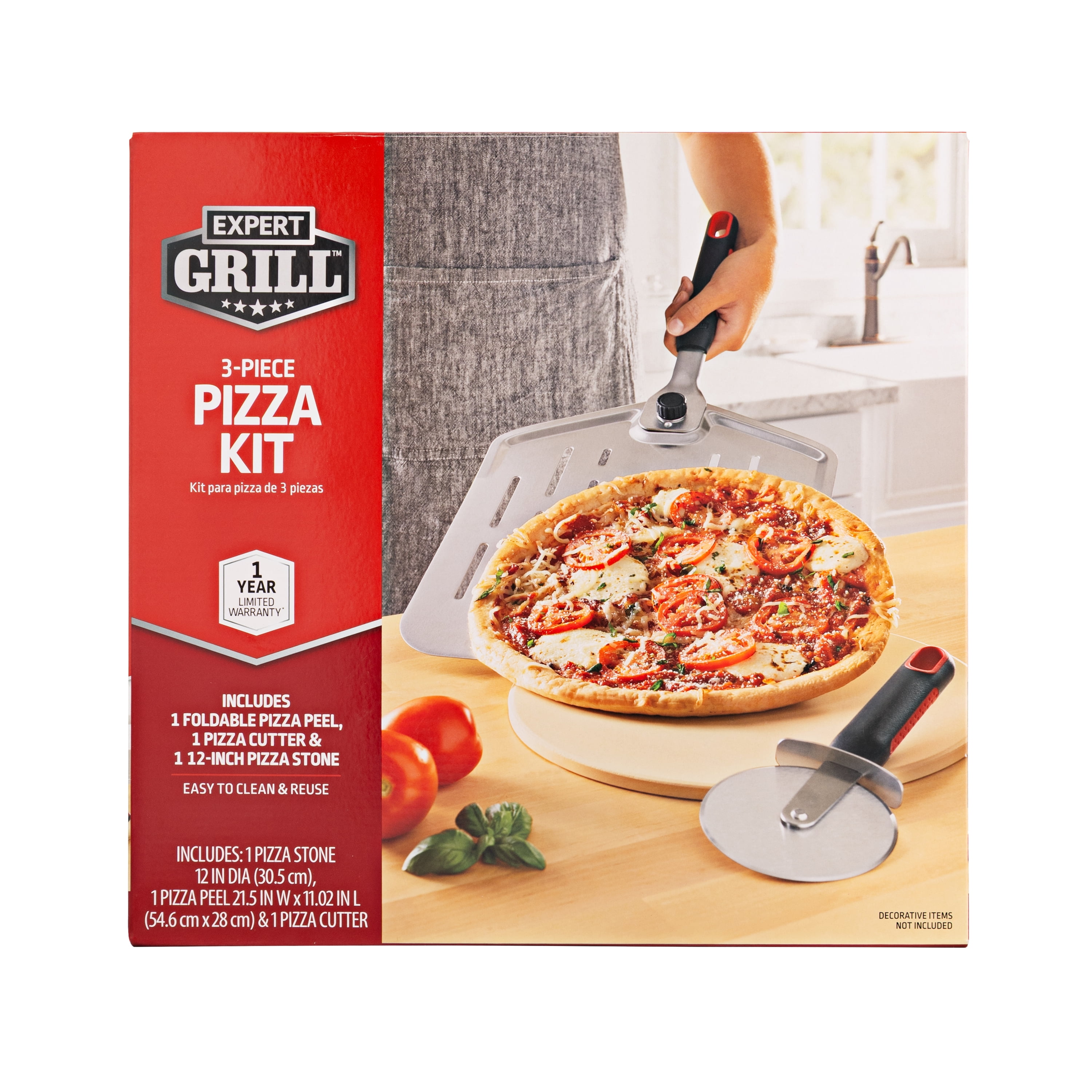 Expert Grill 12" Round Cordierite Pizza Stone Set with Peel and Cutter, 3-Piece