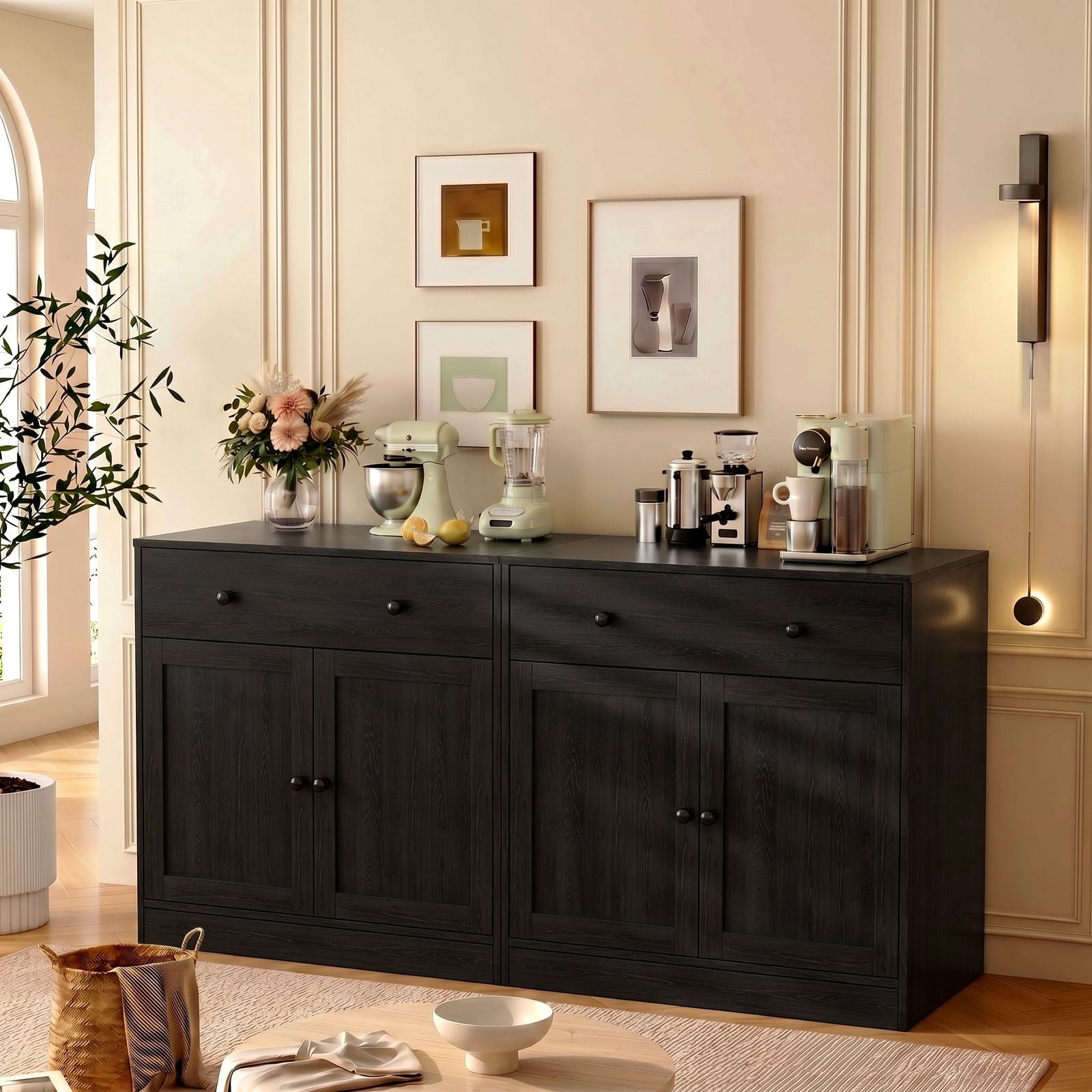 RichYa Kitchen Pantry Storage Cabinets,94.4''W Modular Furniture Cabinets with Hutch,Sideboard Buffet Cabinet with Doors and Shelves for Dining Room,Living Room,Black