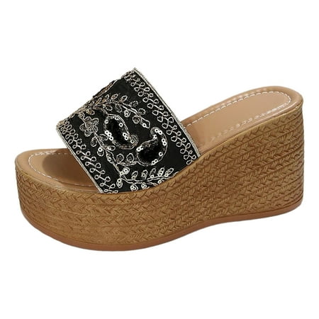 

Wedge Sandals For Women 2024 Ladies Casual Retro Embroidery Sequin Fabric Thick Bottom Beach Large Size Slope Heel Sandals Slippers