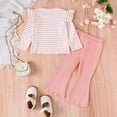 thumbnail image 4 of GYRATEDREAM Toddler Baby Girls Fall Winter Outfits Knit Ribbed Long Sleeve Ruffle Stripe Print Pullover Top + Flare Pants 2Pcs Clothing Set Pink for 12M-5T, 4 of 8