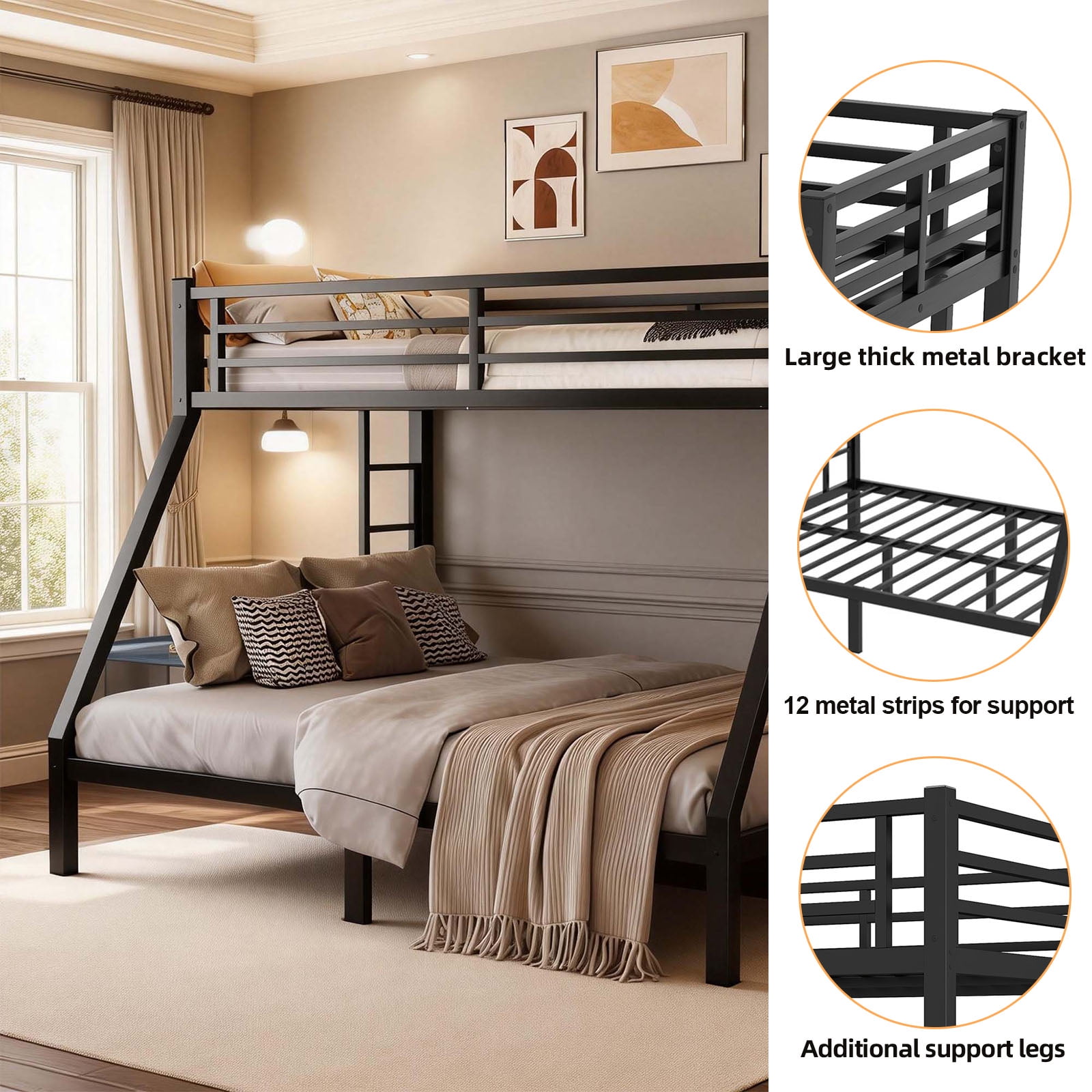 Miniyam Twin XL Over Queen Metal Bunk Bed, Heavy Duty Frame, Fast Assembly, Noise Reduced, Black