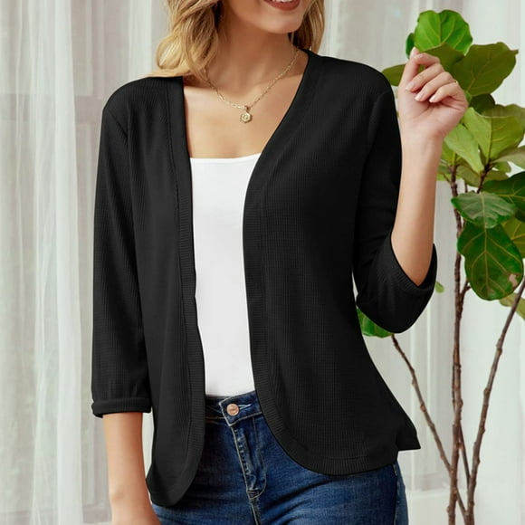 waffle sweater cardigan women 3/4 sleeve open front cardigan solid color loose fit blouse lightweight cardigan