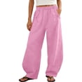 thumbnail image 3 of UVEASISHA Women Drawstring Pants Cotton Linen Summer Pants Striped Wide Leg Vacation Pants Lightweight Casual Beach Pants with Pockets Pink XXL, 3 of 10