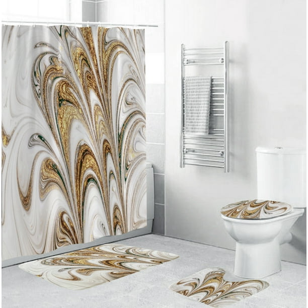 4pcs/set Shower Curtain Sets with Non-Slip Rugs, Toilet Lid Cover and ...