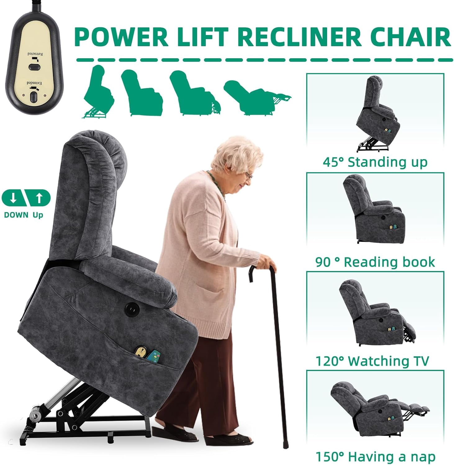 VIVIJASON Tall Man Large Power Lift Recliner Chair with Heat and Massage for Elderly, Overstuffed Wide Electric Lift Recliner w/Extended Footrest, 2 Cup Holder, USB Ports & Side Pockets, Fabric Grey