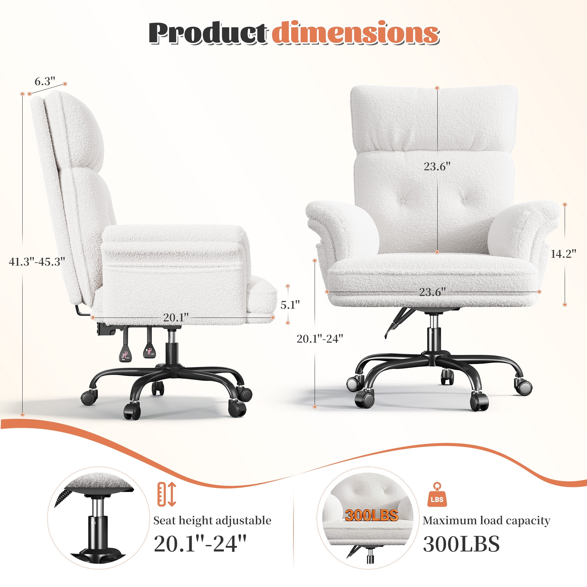 Romorgniz Criss Cross Chair with Armrests & Wheels Ergonomic Computer Gaming Chair with Two Side Pockets Teddy Plush Wide Seat Reclining Desk Chair for Home Office，White
