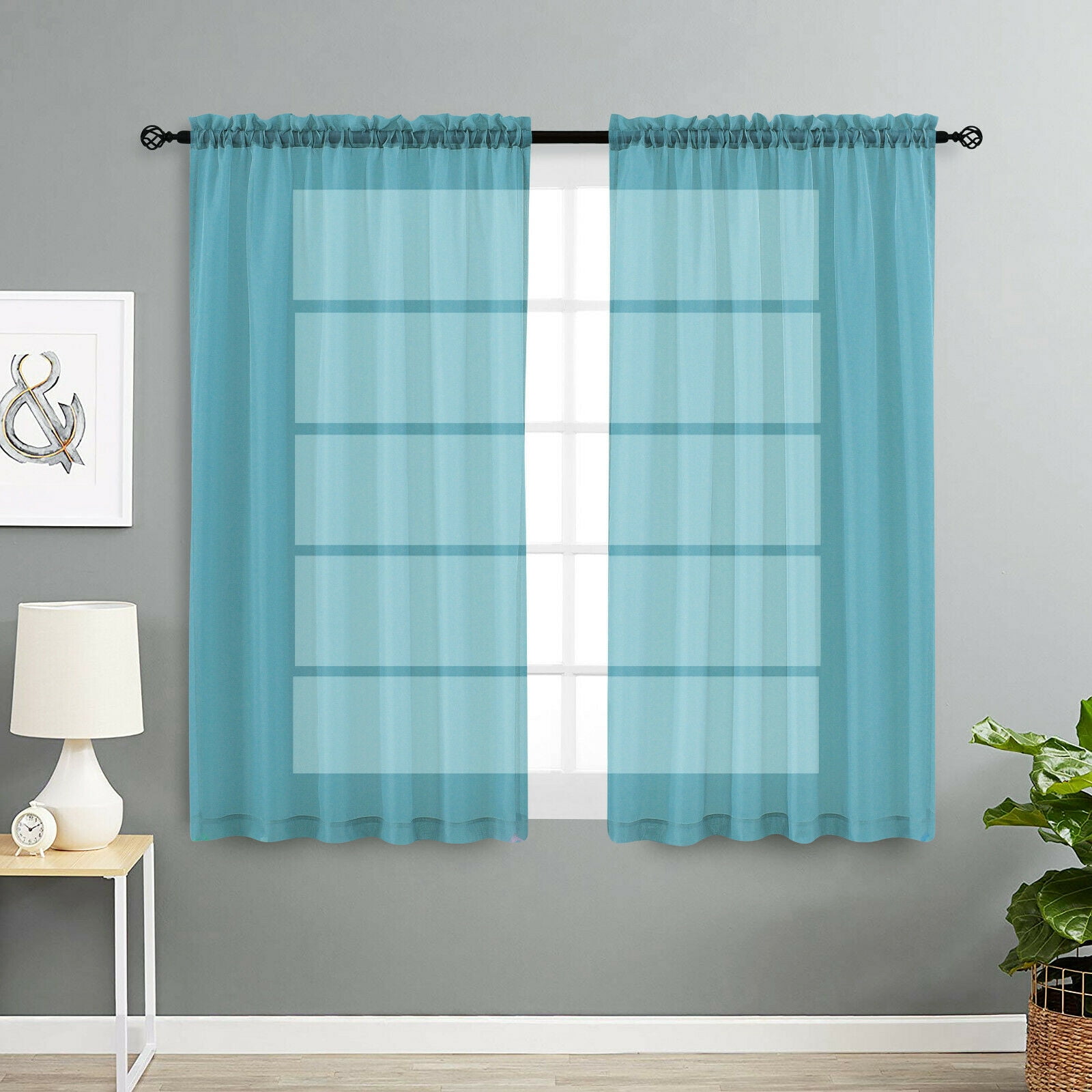 Basic Home Rod Pocket Sheer Voile Window Curtains Turquoise, 63 in