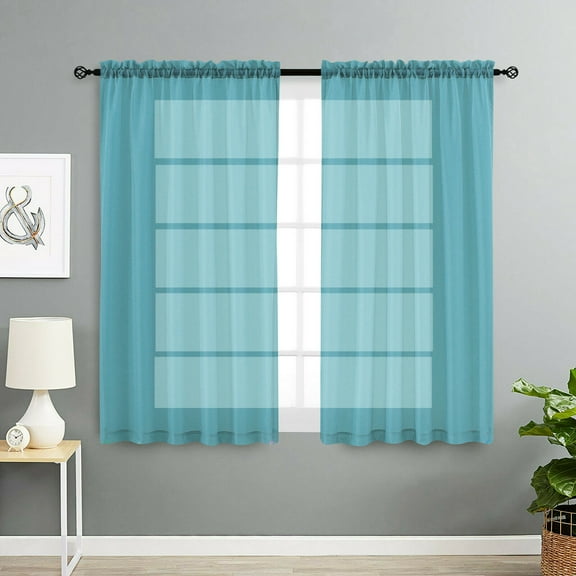 Kate Aurora Traditional Turquoise Solid Print Rod Pocket Sheer Curtains, 52” x 63” (2 Panels)