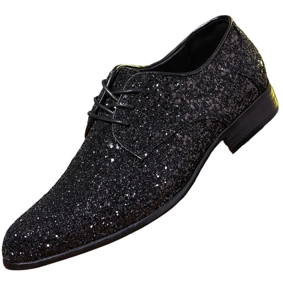 Men's Sequined Pointed Toe Oxford Shoes Fashion Glitter Sparkly Lace Up Low Block Heel Tuxedo Dress Shoes for Party Prom Wedding