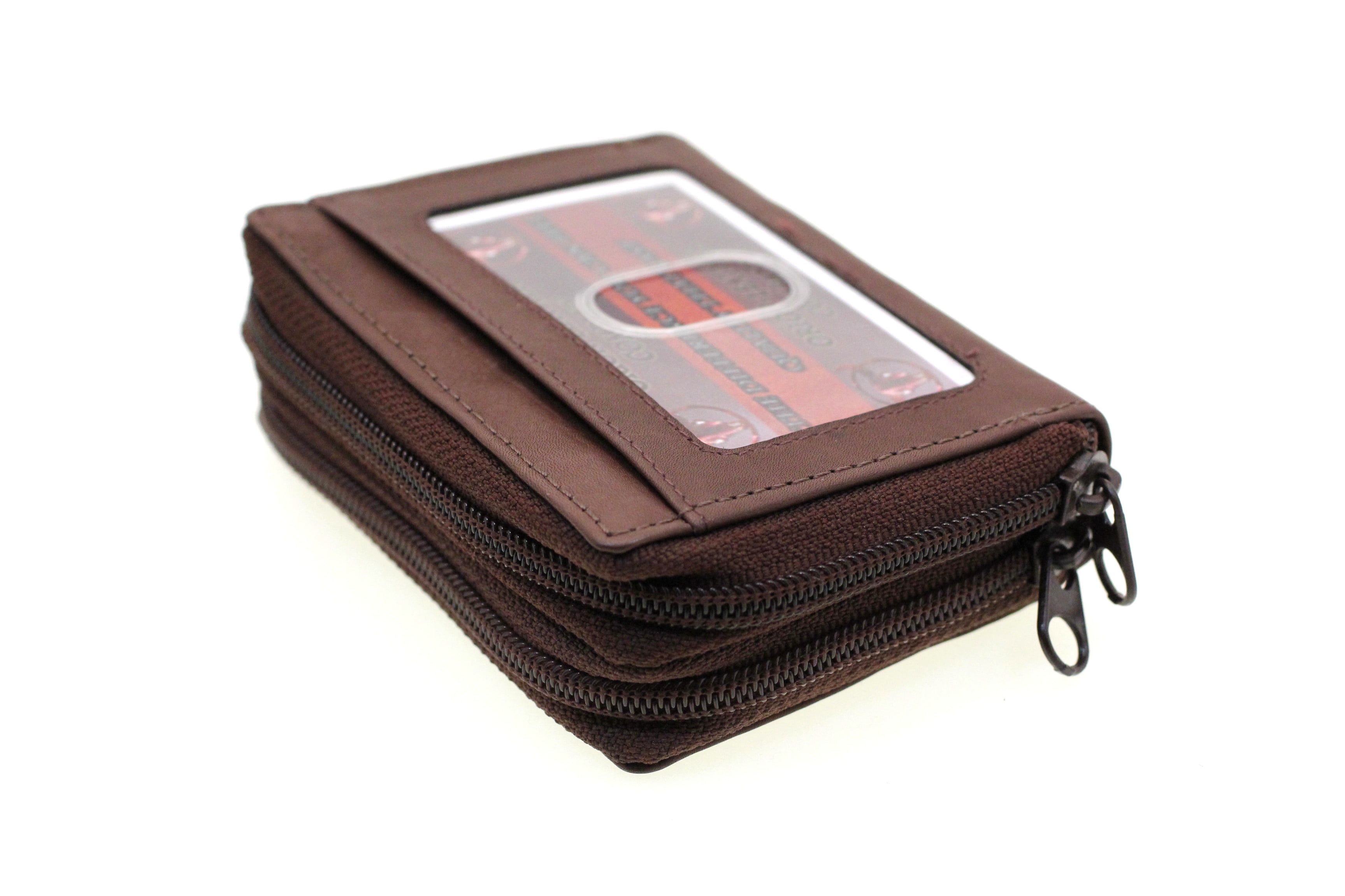 Genuine Leather Credit Card Holder Case Double Zip Around ID Outside