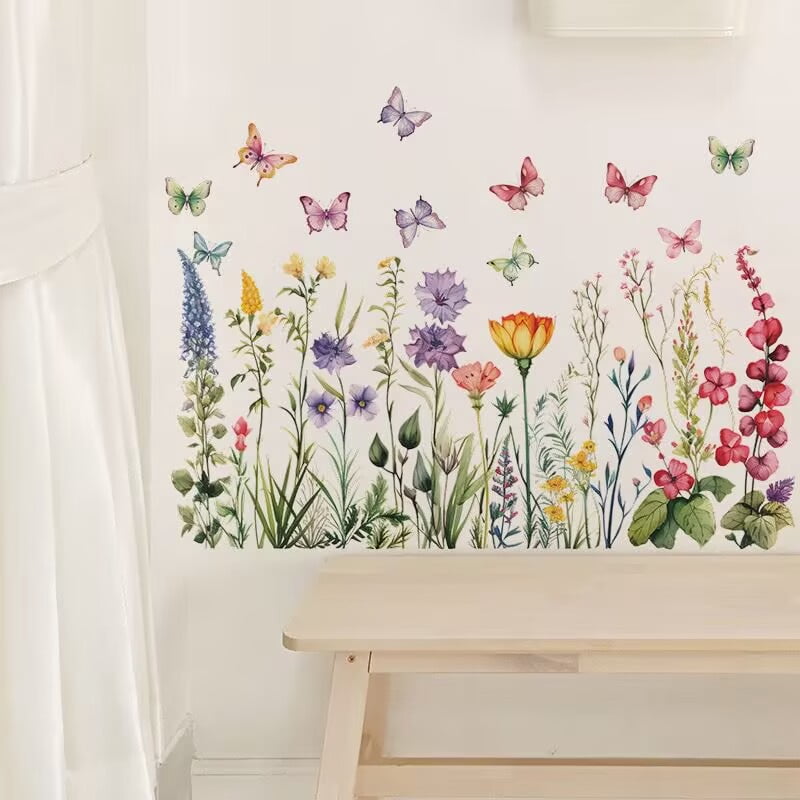 Watercolor Floral Wall Decals, Garden Flowers and Butterflies Wall Stickers, Pink Purple Yellow Nursery Room Decorations