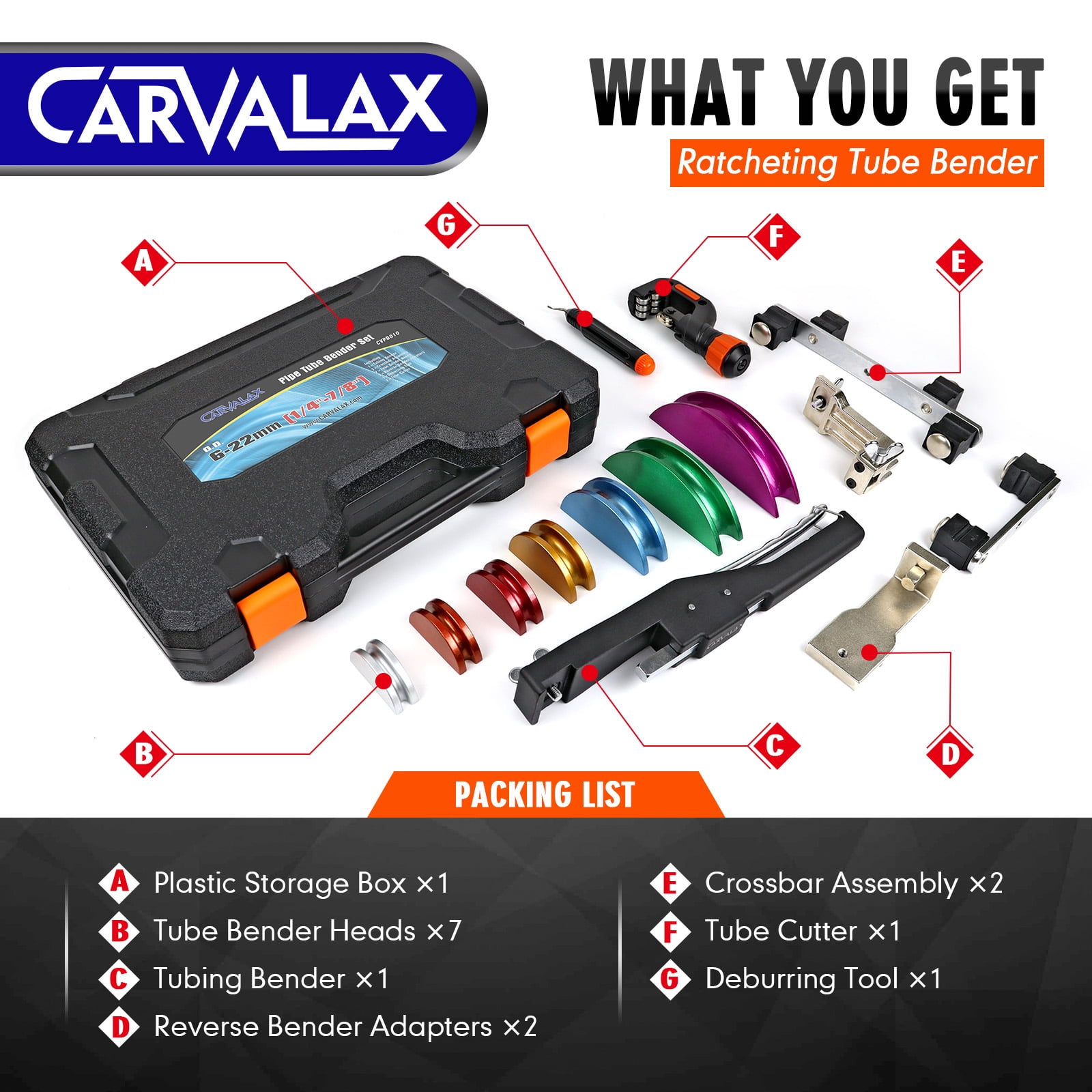 CARVALAX Pipe Tube Bender Set, for 1/4” to 7/8” O.D, 90° Ratcheting Tubing Bender Kit with Reverse Bending Adapters and 7 Multi-Color Aluminum Heads, for HVAC Air Condition Hydraulic Work
