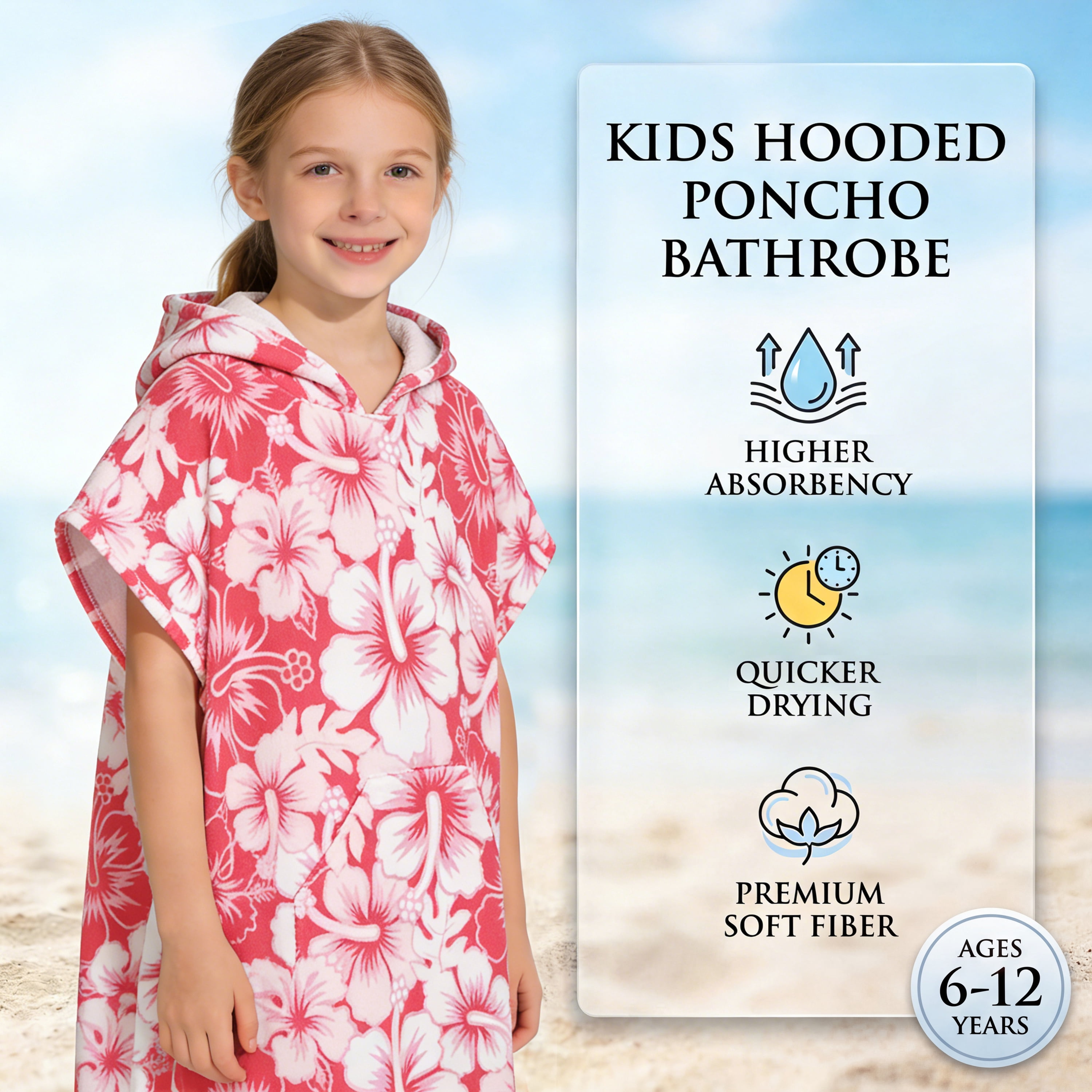 Catalonia Kids Hooded Poncho Towel, 100% Cotton Absorbent Changing Robe for the Beach, Pool, and Bath, Cute Gifts for Childrens (Boys and Girls), Pink Flower