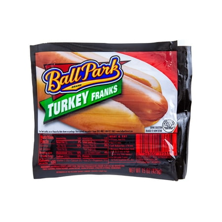Ball Park, Turkey Franks Hot Dogs, Refrigerated 15 oz, 8 Count Plastic Wrapper