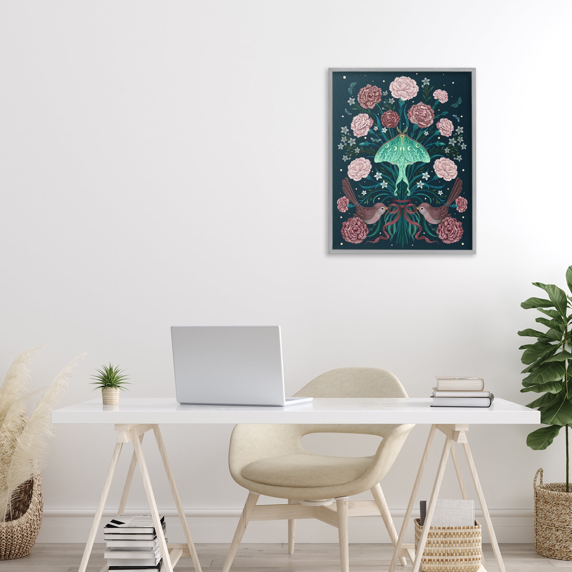 Stupell Industries January Carnations & Moth Gray Framed Giclee Art, design by Episodic Drawings