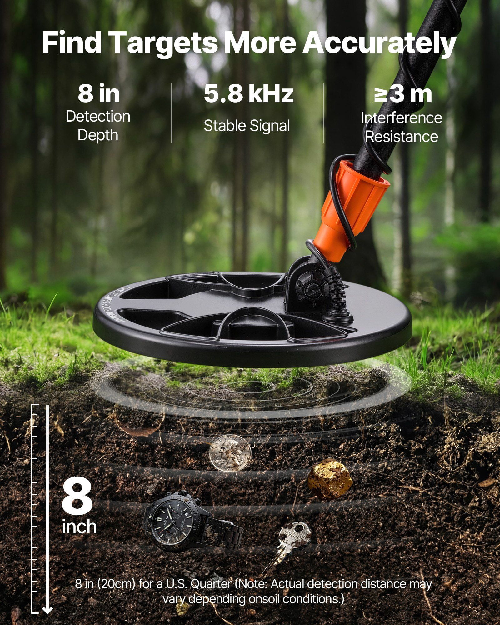 Metal Detector for Adults, 8", Professional High Accuracy Gold Detector, IP68 Waterproof Search Coil with Display, Headphones, 3 Modes, Adjustable Length, for Detecting Gold Treasure Hunting