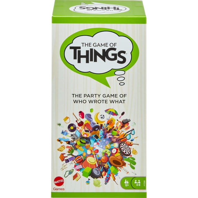 juego de mesa mattel games the game of things party para adolescentes y adultos caja vertical multicolor con el logotipo "The Game of Things" en un globo de diálogo verde y subtítulo en inglés; ilustración central de objetos de fiesta y fichas coloridas, indicador de edad 12+ y logo Mattel visibles, ideal para juego de fiesta y dinámicas de grupo.
