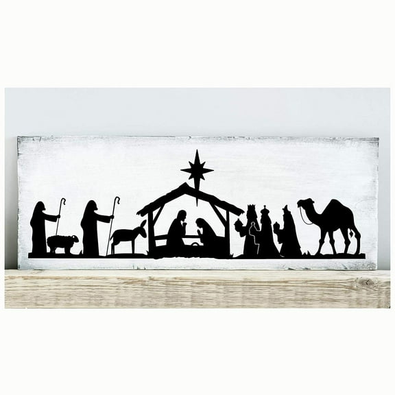 Nativity Scene Baby Jesus Manger Christmas Birth Holiday Decals Wise Men Vinyl Lettering Wall Decal Sticker Size: 6"H x 18.5"L - Color: Black