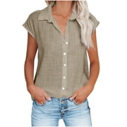 Scyoekwg Womens Tunic Tops Short Sleeve Solid Color Lapel Cotton Linen Button Shirt Casual Loose Fit Blouse Lightweight Trendy Tee Shirts Blouse Tops #A=Khaki XXXL(14)