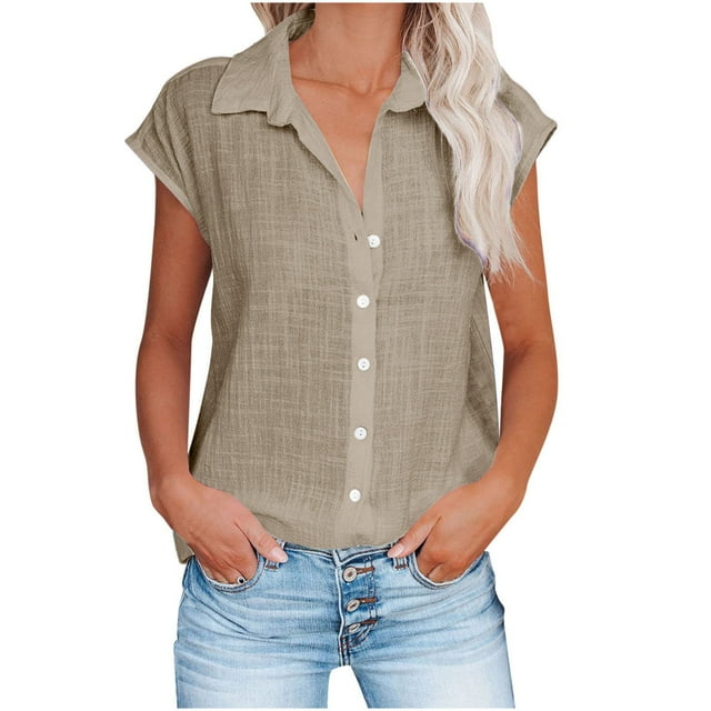 Dealovy Cotton Linen Top for Women Cap Sleeve Lapel Collared Button down Shirts Solid Color Comfy Blouses