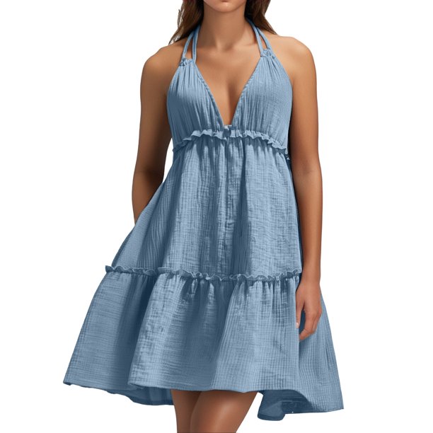Vestido de playa sin espalda con escote en V profundo para mujer: cintura ajustable con lazo, bajo con volantes de malla, largo mini corto