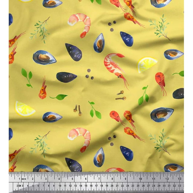 Soimoi Rayon Fabric Gemstone,Lemon Slice & Prawns Food Decor Fabric Printed Yard 42 Inch Wide