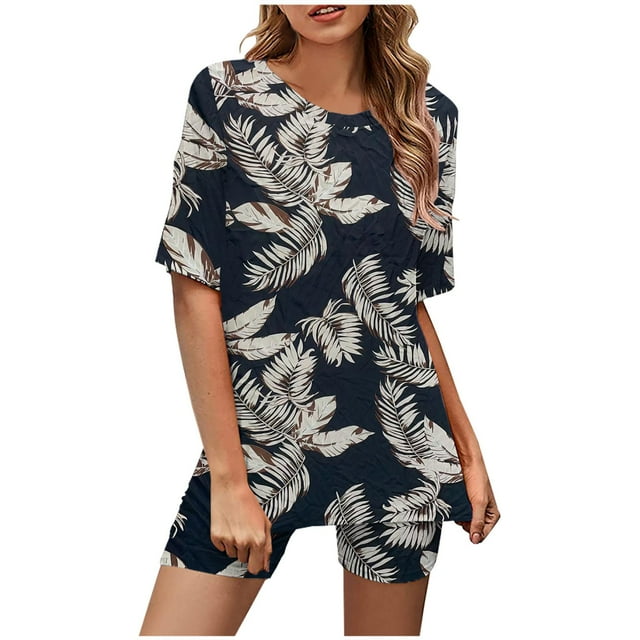 Ensembles d'Été pour Femmes, Ensemble de Haut Décontracté à Manches Courtes et Col Rond Imprimé et Shorts, Ensembles d'Entraînement pour Femmes en Liquidation