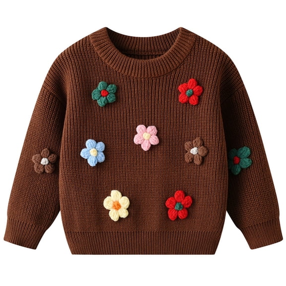 Coerni Kids' Knit Sweater With 3D Colorful Flower Appliques Girls Soft Long Sleeve Crewneck Top Toddler Winter Warm Coat Sweatshirt