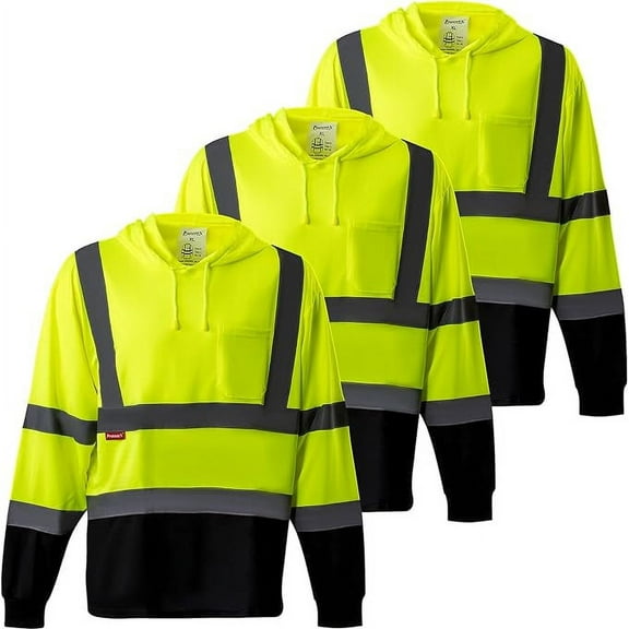 ProtectX 3-Pack High Visibility Heavy-duty Long Sleeve Reflective Safety T-Shirt with hat, Type R Class2, Green - Small