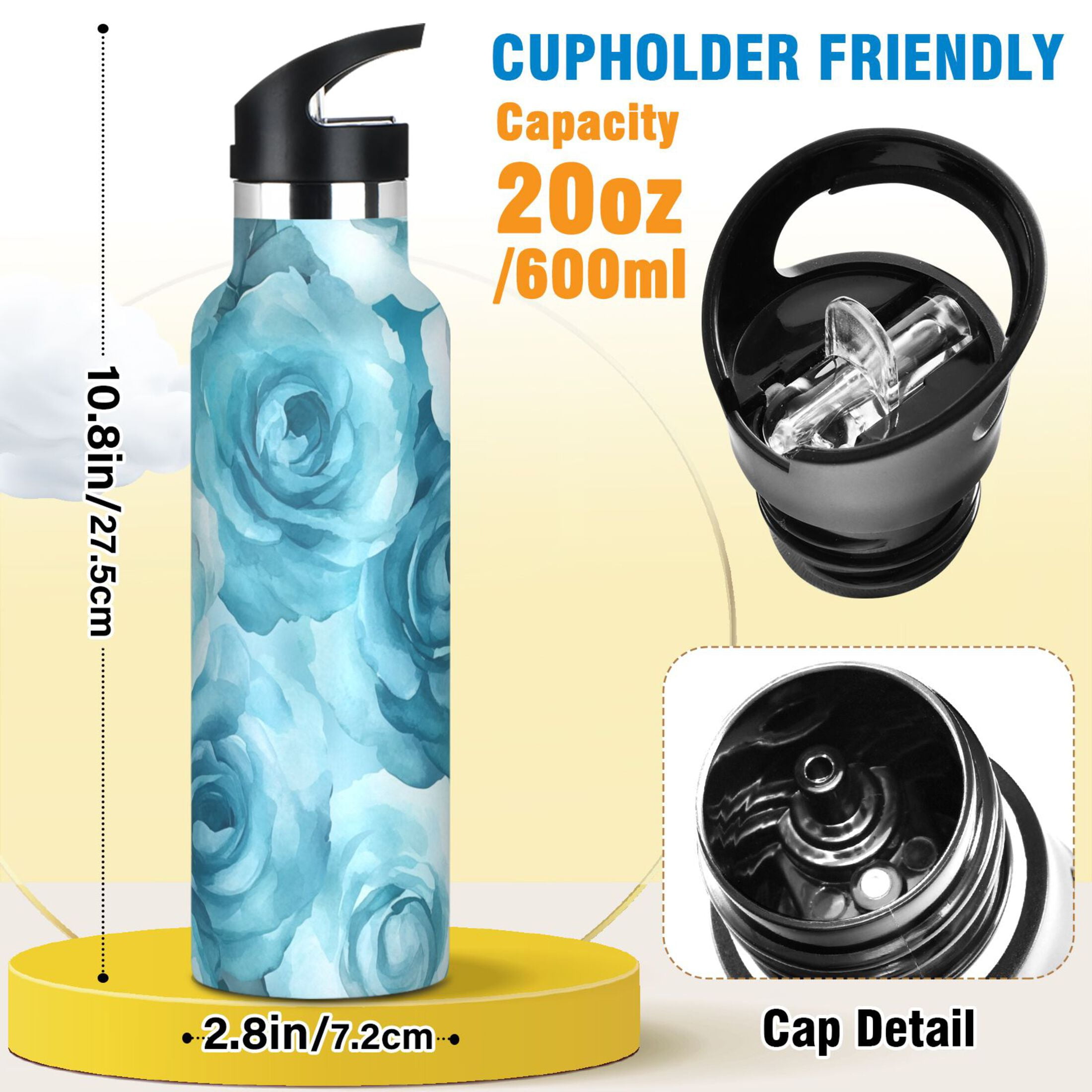 600ML Stainless Steel Insulated Cup Sports Water Bottle Portable Thermos Cup Water Glasses Insulated Tumblers Convenient and Durable Navy Roses