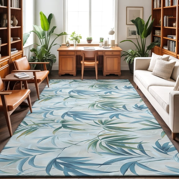 Large Area Rugs 6'x9', Green Blue Botanical Carpet Runner Indoor Outdoor Rugs Home Decor Aesthetic, Watercolor Vintage Leaves Non Slip Mats Washable Accent Rug for Living Room Bedroom