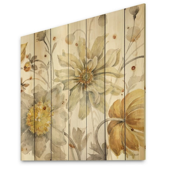 Designart 'Fields of Gold Watercolor Flower V' Traditional Print on Natural Pine Wood