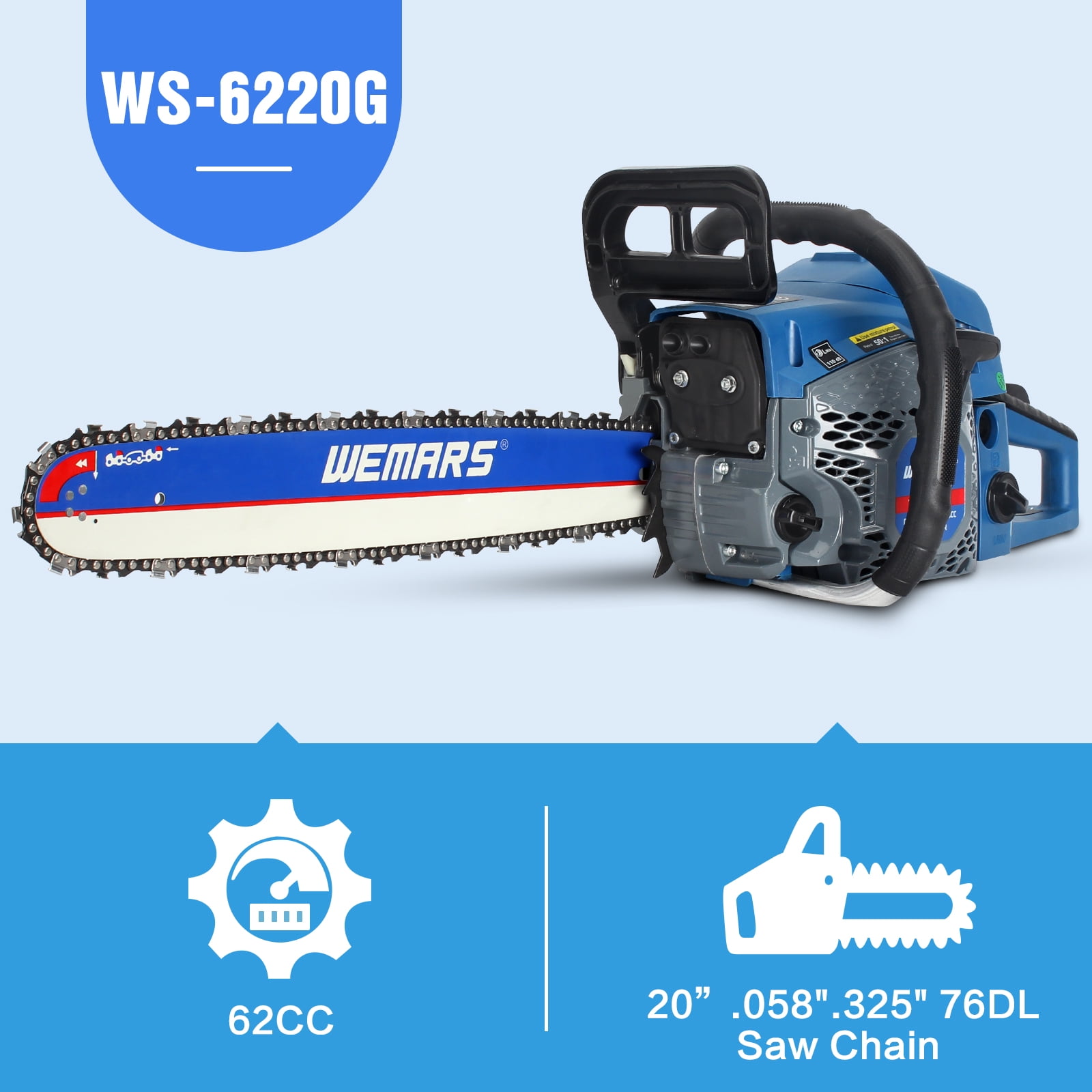 WEMARS 20" 62cc 2-Cycle Gas Powered Handheld Chainsaw