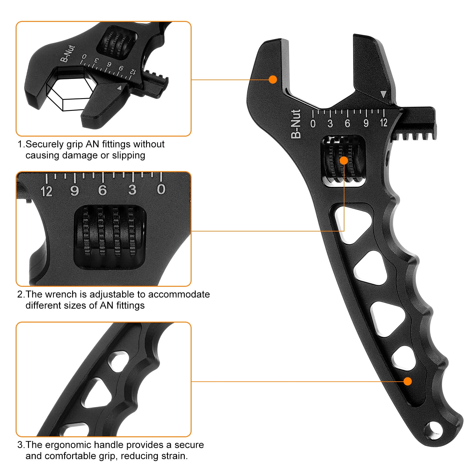 1pcs 7" Adjustable Wrench Aluminum Alloy Plumbers Wrench AN3-AN16, Black