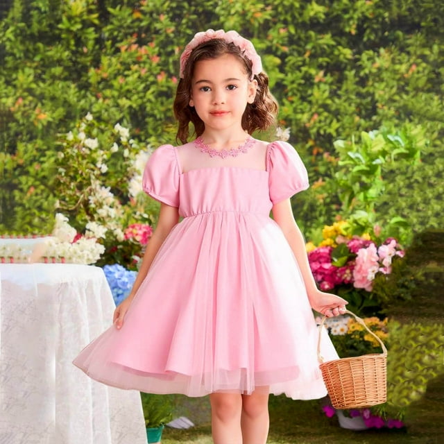 Vestido de verano de malla de manga corta de color liso para niñas pequeñas y preescolares.