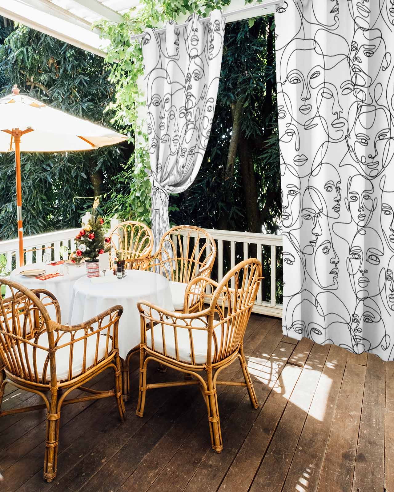 Abstract Style Outdoor Curtains for Patio, Face Line Modern Character Art White Privacy Drapes Grommet Waterproof Outside Curtains for Porch/Cabana/Balcony 54"x 108", 1 Panel