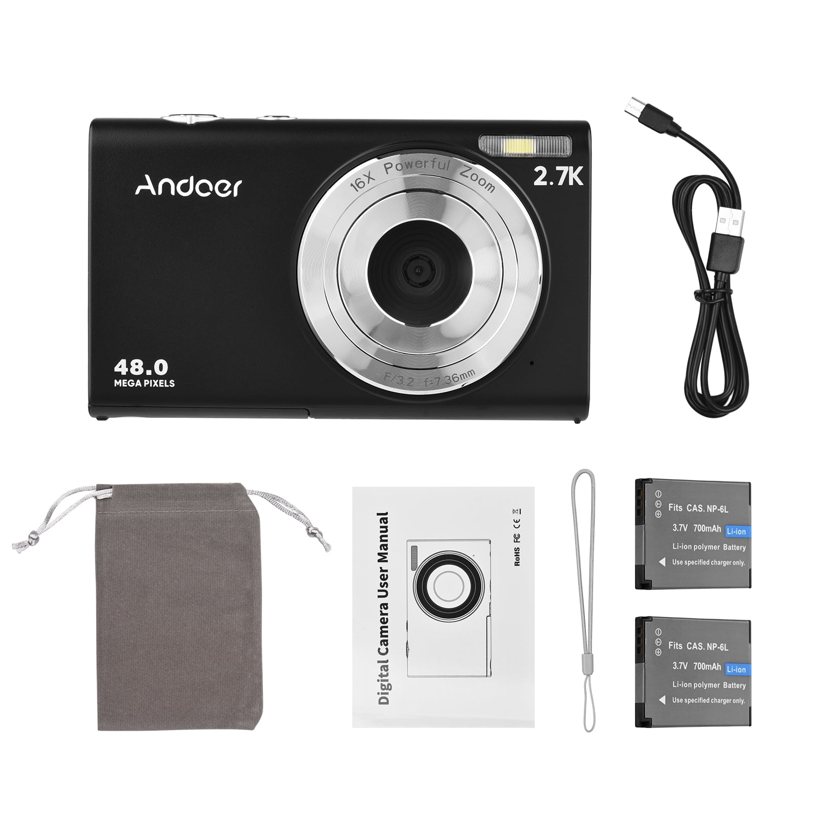 Andoer 2.7K Digital Camera Compact Video Camcorder 48MP Auto Focus 2.88 Inch IPS Screen 16X Zoom -shake Face Detact Smile Capture Built-in LED Fill Light with Carry Bag Wrist Strap 2pcs Batt