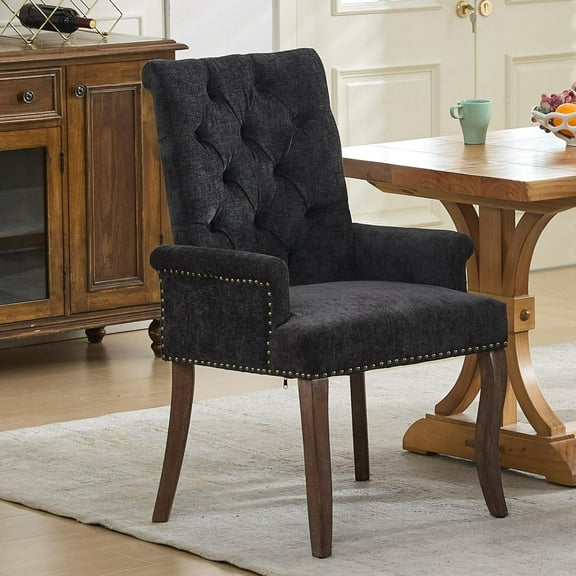 Tufted Dining Chairs with High Back,Neutral Fabric Upholstered Kitchen Chair with Rustic Solid Wood Legs,Farmhouse Side Chairs with Arms Nailhead Trim for Dining Room (Black, 1PC)