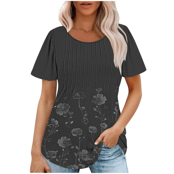 Tops Cortos para las Mujeres Cuello Redondo Suelto Impreso de Manga Corta, Tops Sueltos para las Mujeres