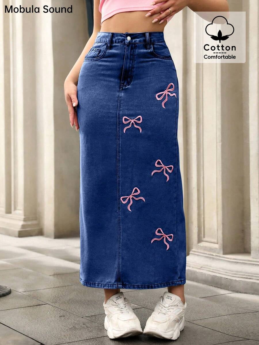 Blue Bow Embroidered Denim Midi Skirt Straight Fit Casual