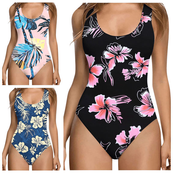 Lovzfmll Women's One Piece Swimsuit Crew Neck Summer Print with Built-In Pads, Dressy Spaghetti Straps Push-Up Low Back Slimming Bathing Suit, Black S