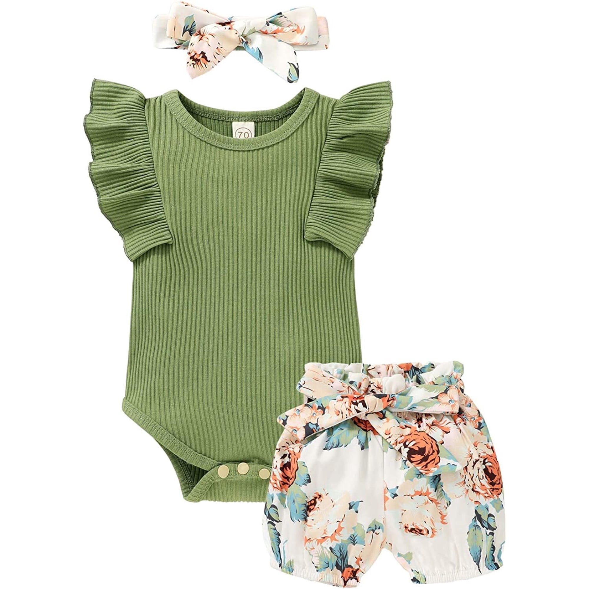 Younger Tree Toddler Baby Girl Summer Short Sleeve Romper Shorts Headband Clothes Outfits Set,Size 0-24 Months