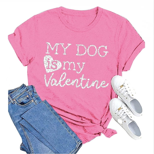 Tittly T-Shirts pour Femmes T-Shirts Graphiques Saint-Valentin Mon Chien Est Mon Saint-Valentin Imprimé Chandail en Molleton Décontracté Imprimé Col Rond T-Shirt Chandail pour Femmes T-Shirts Hauts Femmes Rose Vif G