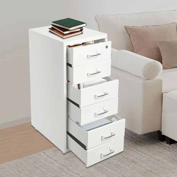 6 Drawer Rectangular White Modern Filing Cabinet Metal Vertical File Cabinet Lockable Storage W/4 Wheels